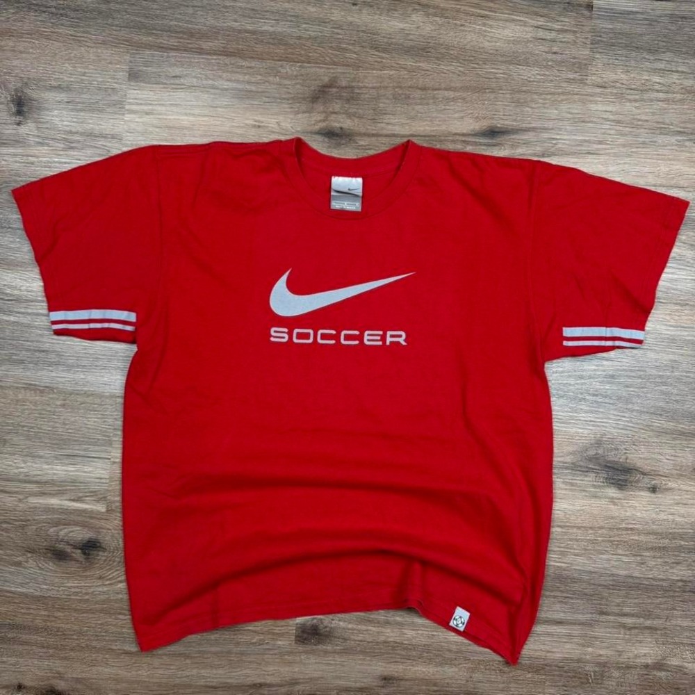 vintage 90s red silver tag nike soccer y2k sleeve striped boxy tee